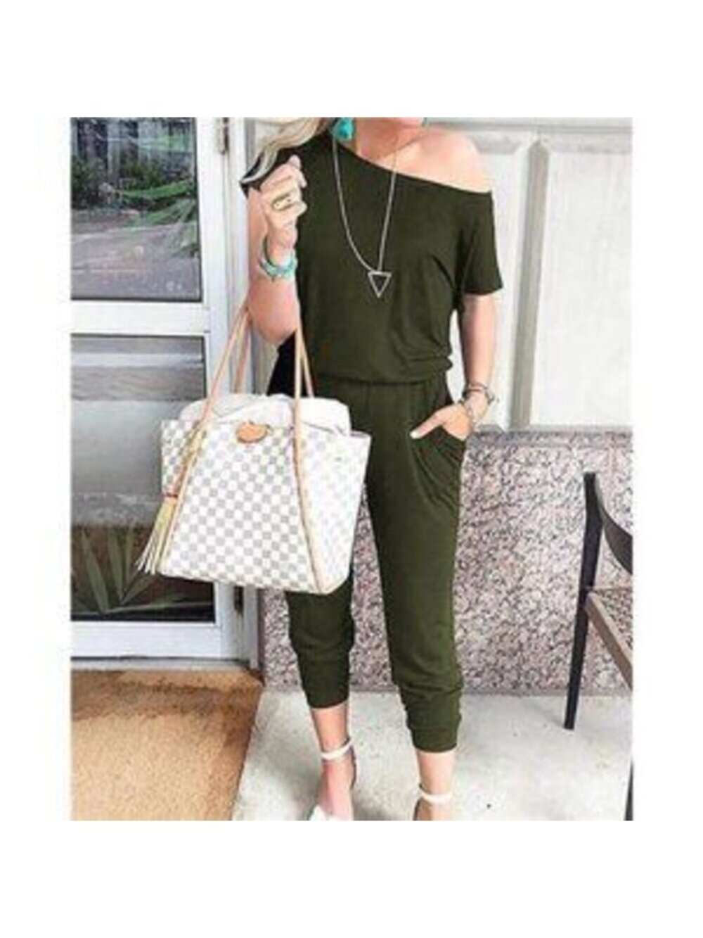 Women's Summer Jumpsuit Rompers Off Shoulder with Pockets, Army Green - Picture 4 of 5